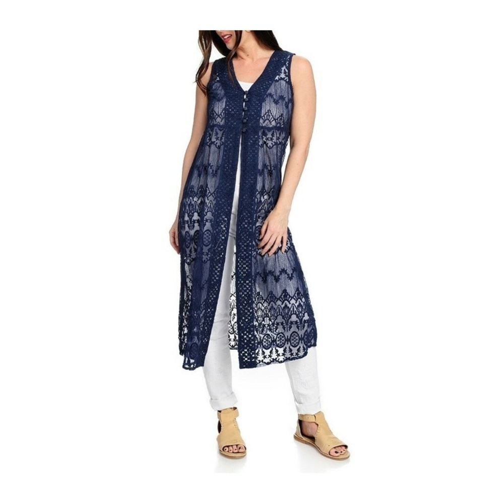 NWOT Indigo Thread XL Navy Blue Lace Vest Duster Beaded Buttons 128187